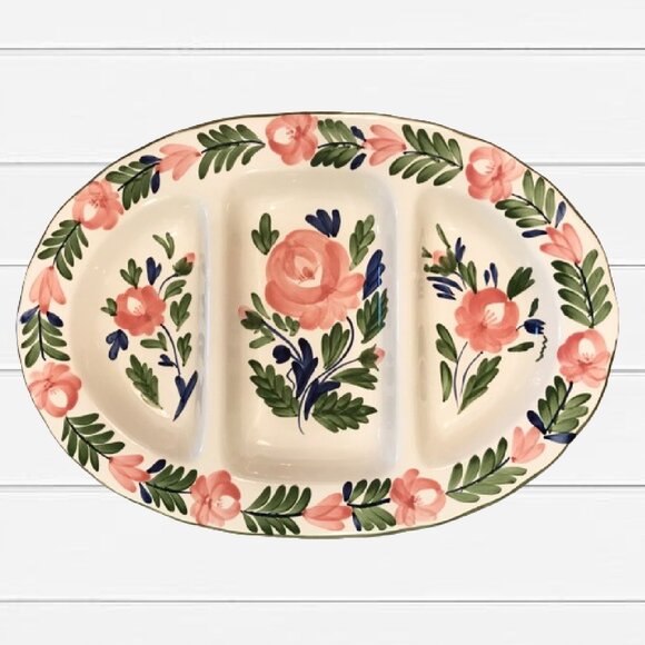 FLORENCE COLLECTION Hand Painted Ceramic Divided Oval Serving Platter - Picture 1 of 3